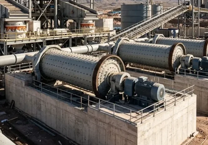 Planta de procesamiento de minerales en construcción con grandes molinos y trituradoras en la precordillera.  Imagen ilustrativa de Acero y Roca.