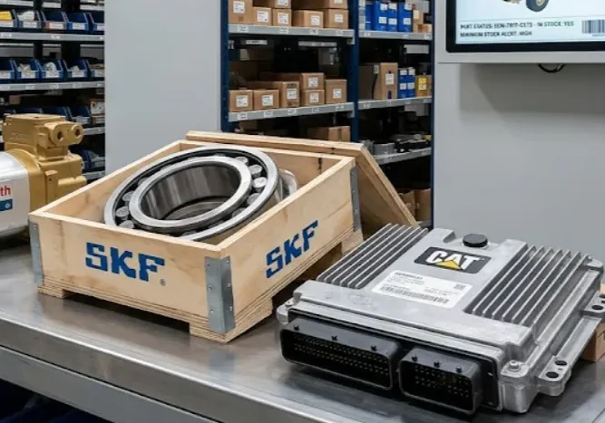 Almacén de repuestos de alta tecnología con componentes, rodamientos y módulos para maquinaria minera pesada. Imagen ilustrativa de Acero y Roca.