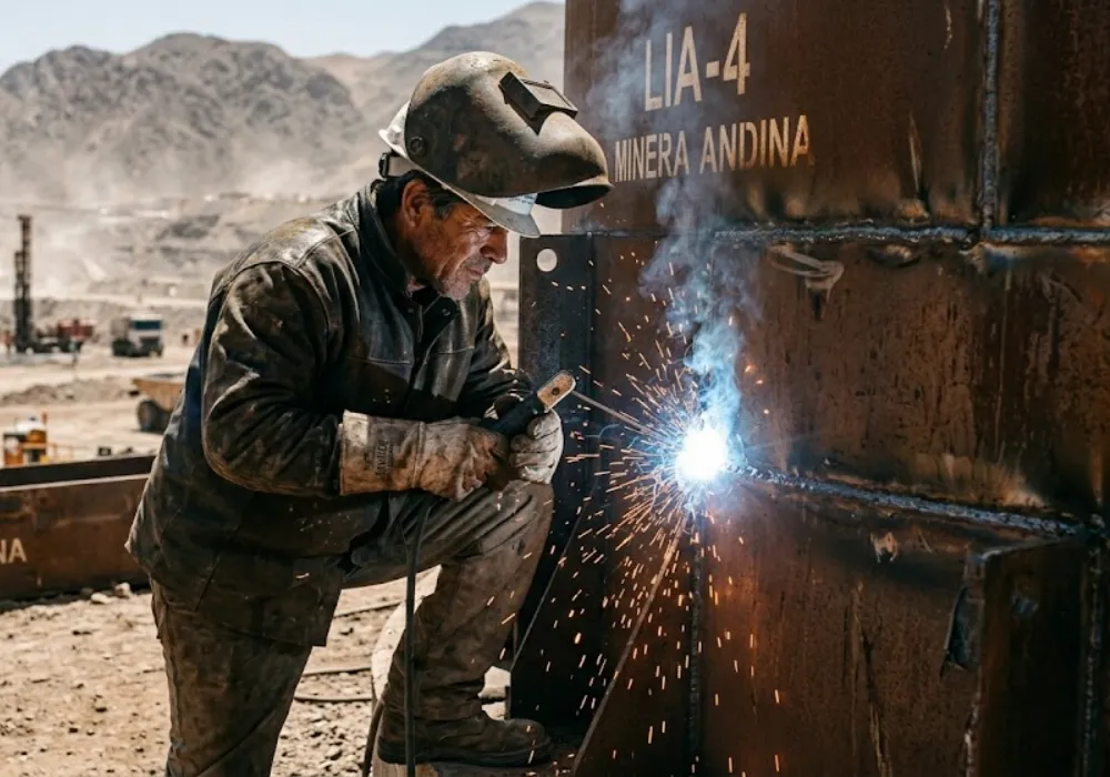 Soldador industrial especializado realizando trabajos de precisión en infraestructura minera. Contenido Original de ACERO Y ROCA - Prohibida su reproducción