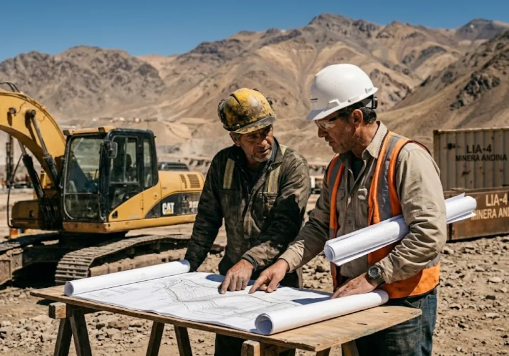Ingenieros y técnicos de minería evaluando planos en el terreno del proyecto. Contenido Original de ACERO Y ROCA - Prohibida su reproducción