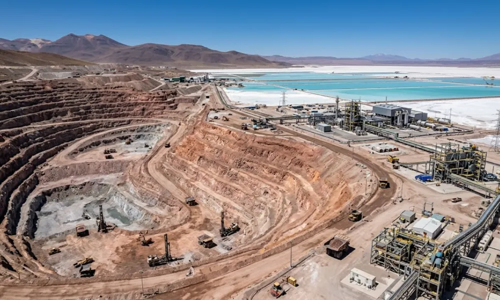 Inversiones mineras RIGI Argentina. Operación minera industrial a gran escala en los Andes argentinos, que integra una mina de cobre de rajo abierto. Imagen ilustrativa de Acero y Roca.