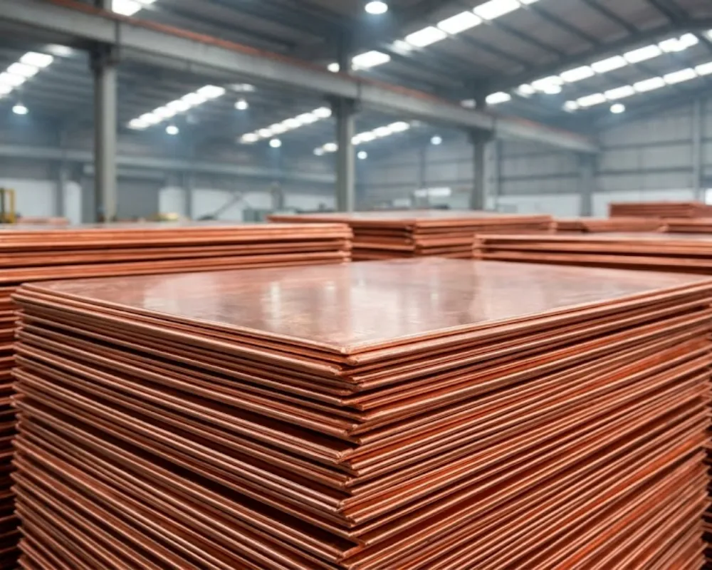 Contenido Original de ACERO Y ROCA - Prohibida su reproducción Cátodos de cobre de alta pureza listos para el mercado de la electromovilidad. Imagen ilustrativa de Acero y Roca.