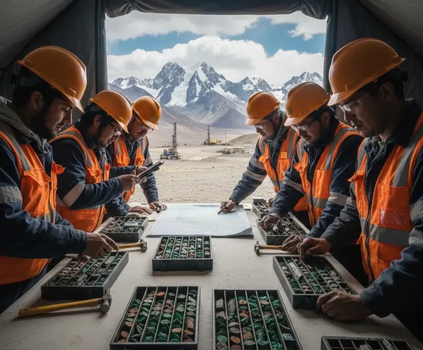 Contenido Original de ACERO Y ROCA - Prohibida su reproducción Especialistas analizando testigos de perforación en un campamento minero de alta montaña. Imagen ilustrativa de Acero y Roca.