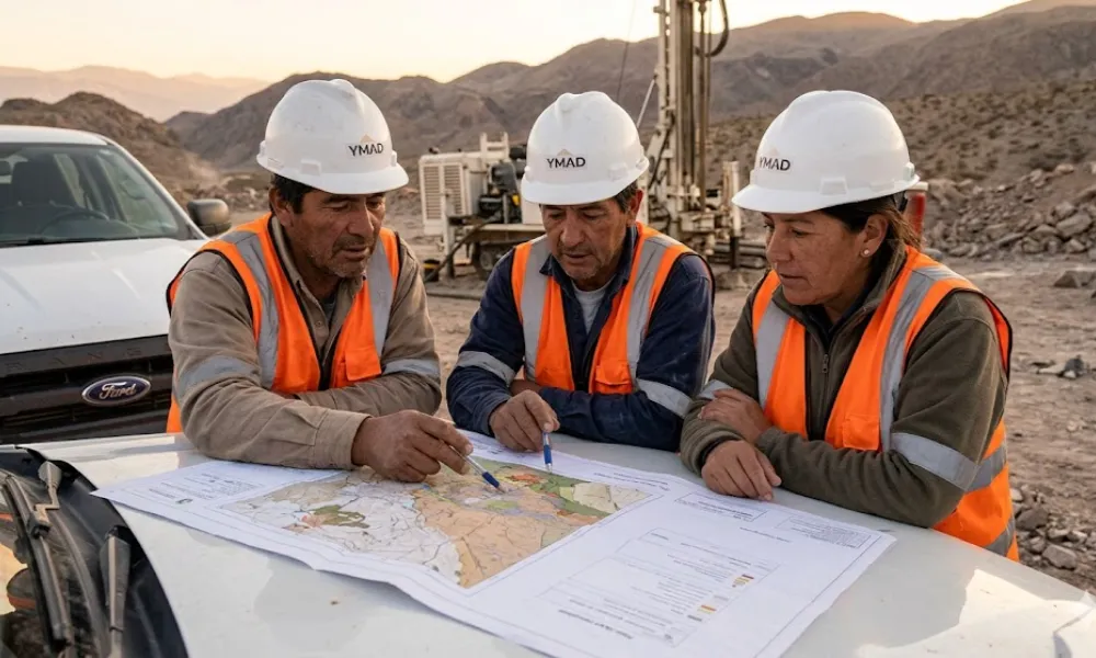Personal técnico revisando evaluaciones operativas en yacimiento minero catamarqueño. Imagen ilustrativa de Acero y Roca.