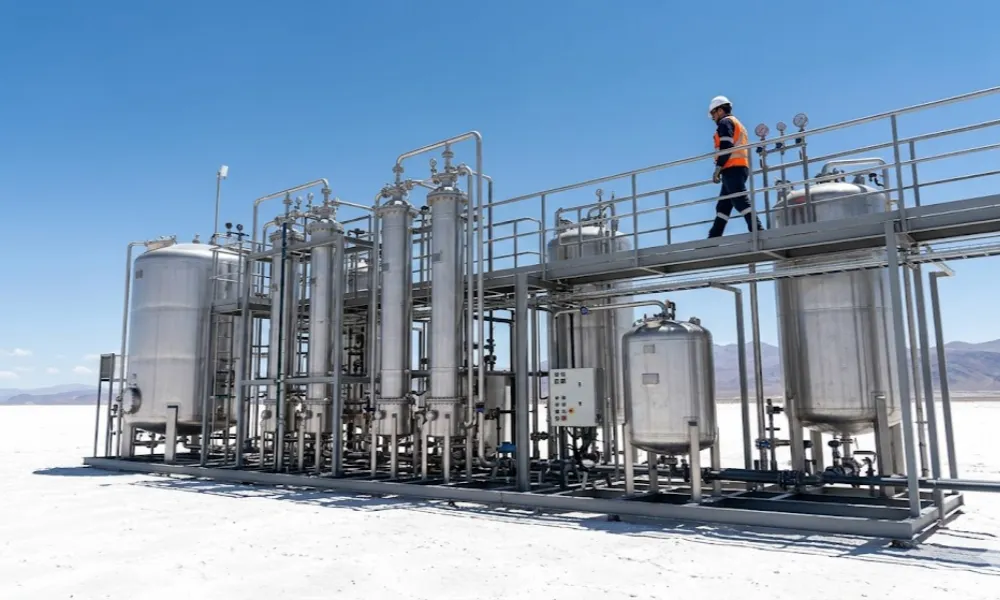 Planta piloto de Extracción Directa de Litio (DLE) operando en el proyecto Sal de Vida. Imagen ilustrativa de Acero y Roca.