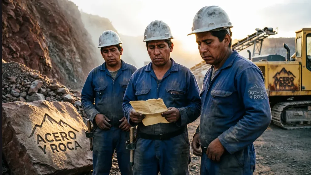 Trabajadores mineros revisando las deducciones y la liquidación en un recibo de sueldo.