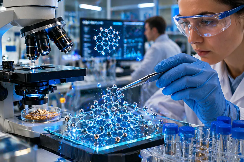 Nanopartículas en suspensión observadas en un entorno de laboratorio, con estructuras microscópicas brillantes y patrones moleculares visibles que representan procesos de nanotecnología aplicada. Contenido Original de ACERO Y ROCA