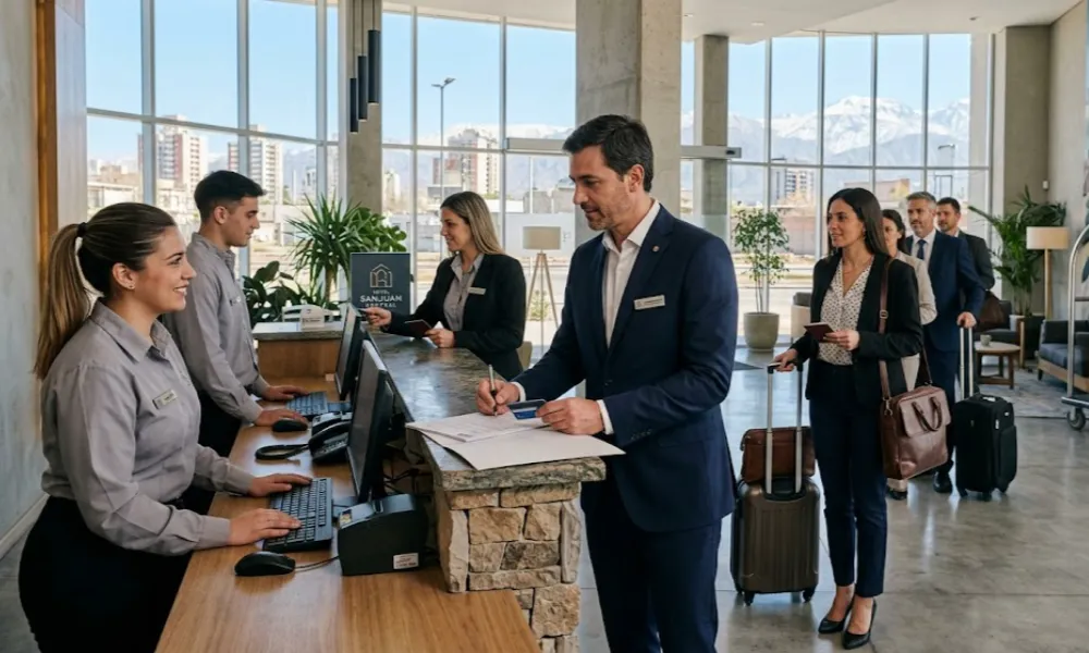 Ejecutivos mineros realizando el check-in en un hotel de San Juan con capacidad agotada.  Imagen ilustrativa de Acero y Roca.