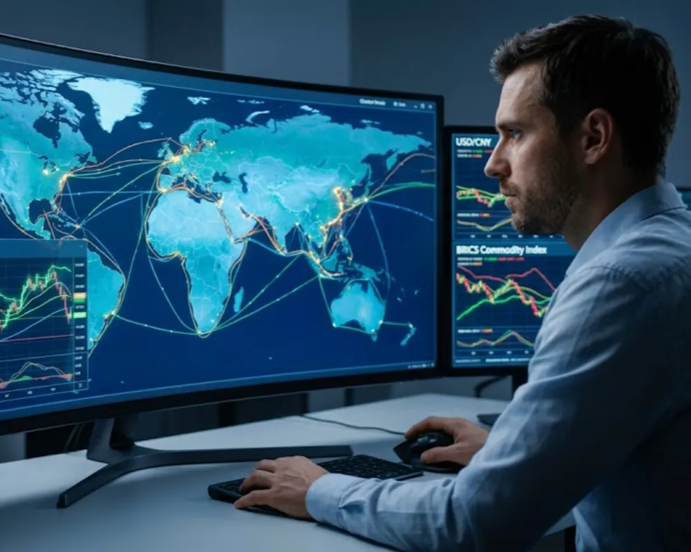 Centro de monitoreo logístico y financiero con gráficas de divisas. Contenido Original de ACERO Y ROCA - Prohibida su reproducción