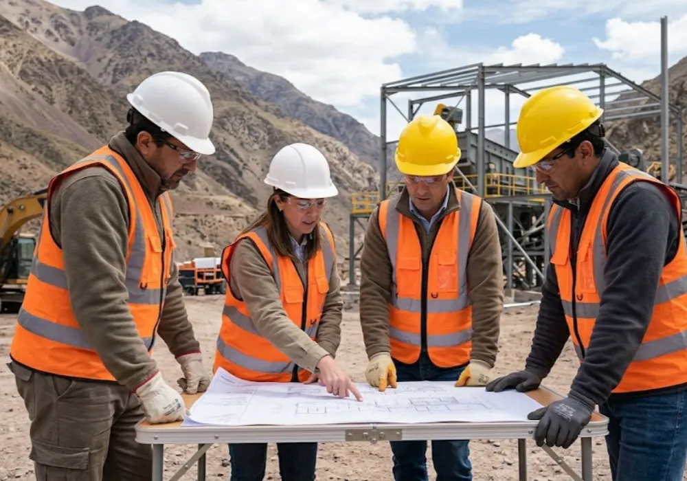 Trabajadores mineros revisando planos de infraestructura en la cordillera de San Juan. Contenido Original de ACERO Y ROCA - Prohibida su reproducción