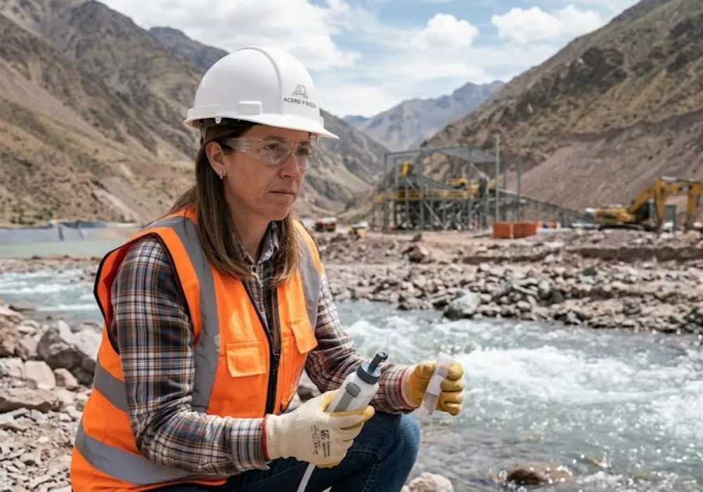 Ingeniera ambiental tomando muestras de agua cerca de un proyecto minero en Argentina. Contenido Original de ACERO Y ROCA - Prohibida su reproducción