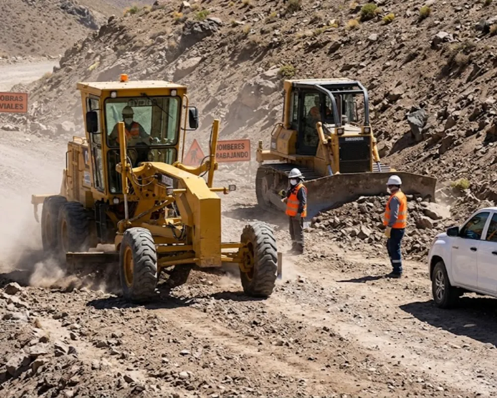 Contenido Original de ACERO Y ROCA - Prohibida su reproducción Maquinaria pesada de construcción vial, incluyendo una motoniveladora y una excavadora, trabajando activamente en la scraping. Imagen ilustrativa de Acero y Roca.