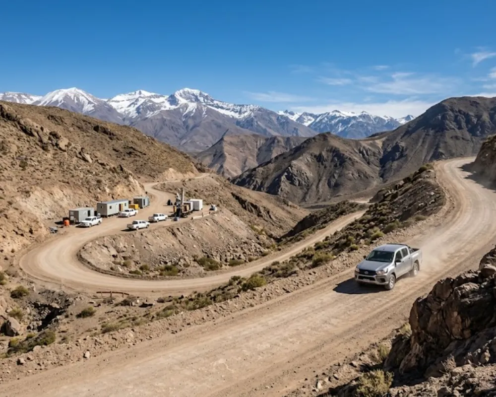 Contenido Original de ACERO Y ROCA - Prohibida su reproducción Camino minero de tierra serpenteando a través de las montañas áridas de Calingasta, San Juan, Argentina, con picos andinos nevados al fondo bajo un cielo despejado. Un camión de exploración 4x4 circula por la ruta. Imagen ilustrativa de Acero y Roca.