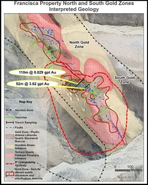 Mapa geológico del proyecto de oro Francisca Salta mostrando las zonas norte y sur de mineralización.