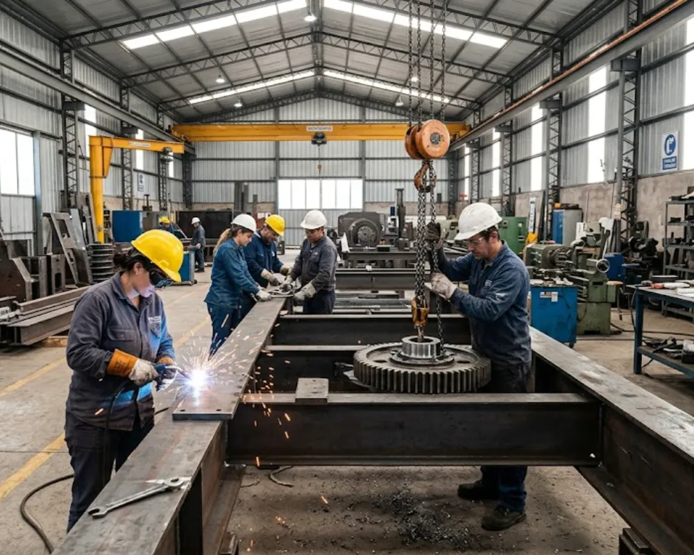 Contenido Original de ACERO Y ROCA - Prohibida su reproducción Operarios y operarias trabajando en una pyme metalmecánica fabricando piezas para minería. Imagen ilustrativa de Acero y Roca.