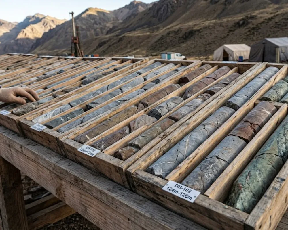 Testigos de perforación minera en cajas de madera. Contenido Original de ACERO Y ROCA - Prohibida su reproducción