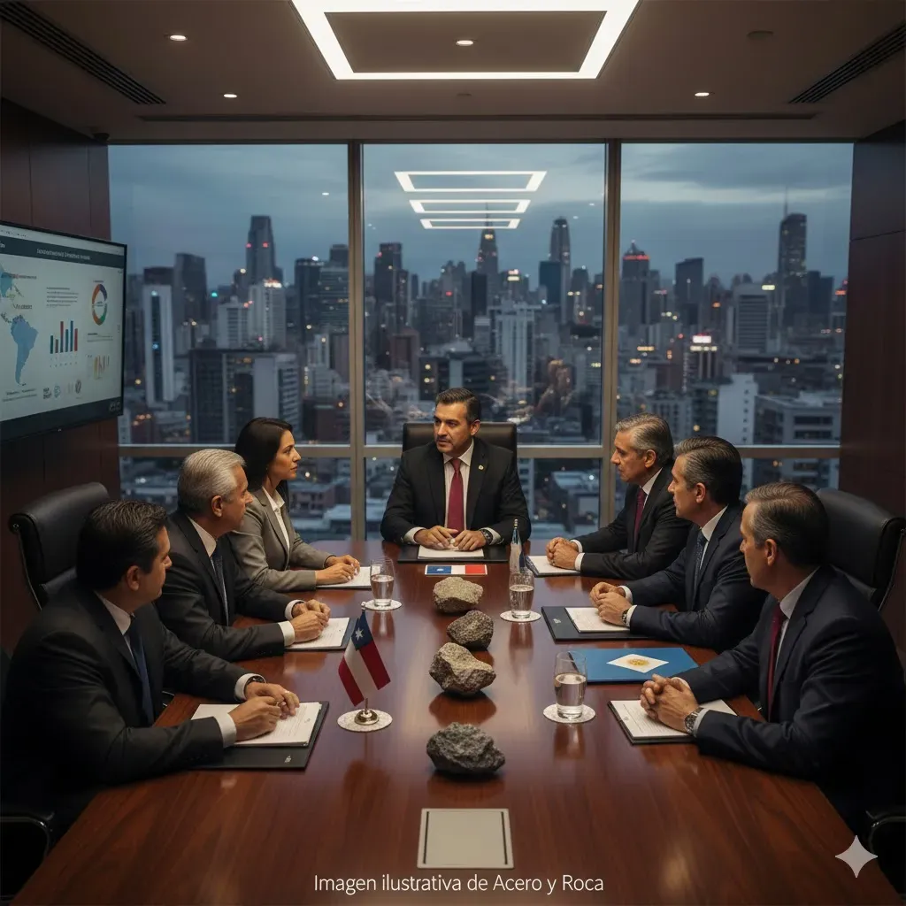 Encuentro de negocios entre delegaciones mineras sudamericanas en un entorno corporativo. Imagen ilustrativa de Acero y Roca.