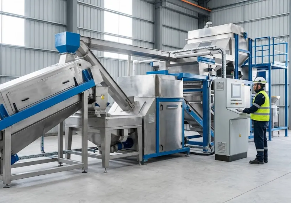 Vista interior de una moderna planta de procesamiento de minerales no metalíferos en San Juan, mostrando maquinaria de trituración y clasificación de acero inoxidable automatizada y limpia, con un operario con equipo de seguridad monitoreando un panel de control. Contenido Original de ACERO Y ROCA - Prohibida su reproducción