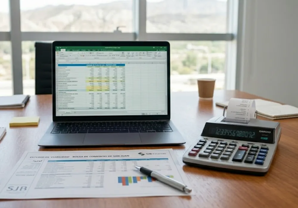 Oficina desocupado en San Juan, iluminado por luz natural. Muestra un laptop con una planilla de Excel titulada 'ANÁLISIS DE FLUJO DE CAJA - RIMI', una calculadora científica de escritorio y un informe impreso de la Bolsa de Comercio de San Juan. Contenido Original de ACERO Y ROCA - Prohibida su reproducción