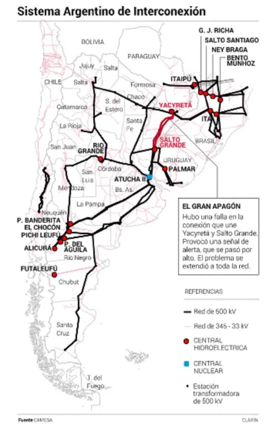 Mapa del Sistema Argentino de Interconexión (SADI) mostrando las líneas de alta tensión.