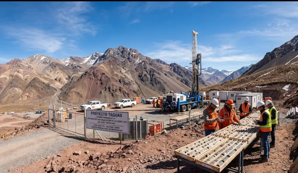 Geólogos y técnicos de Orvana Minerals examinando testigos de perforación en la cordillera de San Juan. Contenido Original de ACERO Y ROCA - Prohibida su reproducción