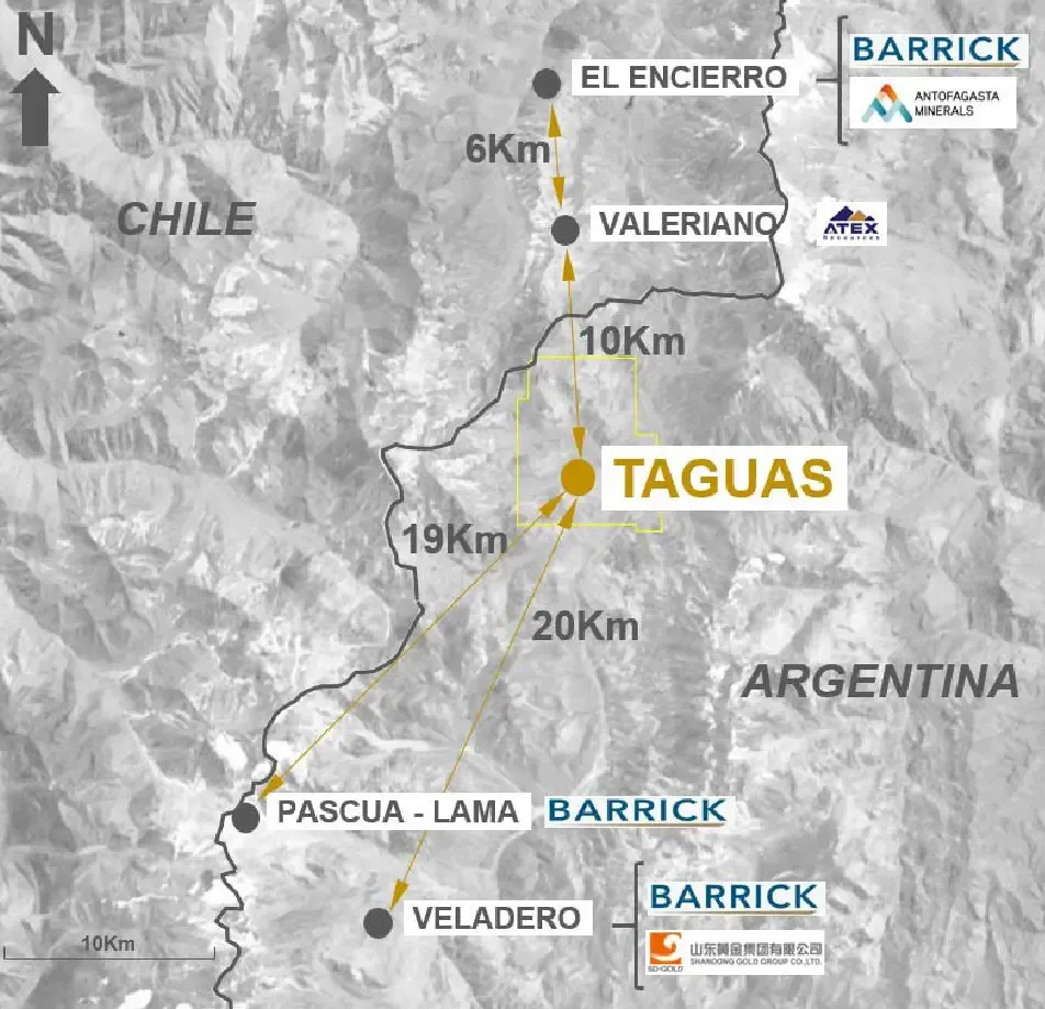 Mapa de ubicación del Proyecto Taguas de Orvana Minerals, destacando Cerro Taguas Norte y Cerro Campamento en San Juan.