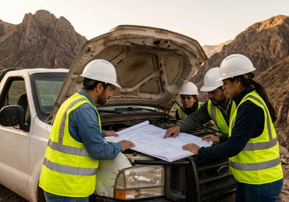 operarios proveedores mineros trabajando sobre planos en pleno camino. Contenido Original de ACERO Y ROCA - Prohibida su reproducción
