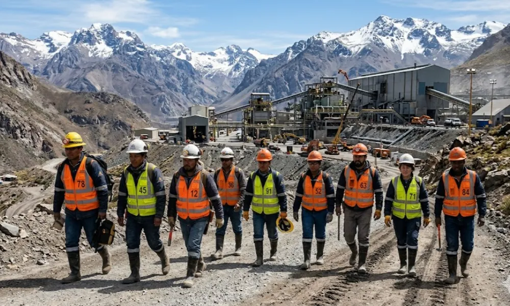 Contenido Original de ACERO Y ROCA - Prohibida su reproducción Un grupo de trabajadores de la minería y la construcción, con cascos y chalecos de alta visibilidad, caminando hacia una instalación industrial. Imagen ilustrativa de Acero y Roca