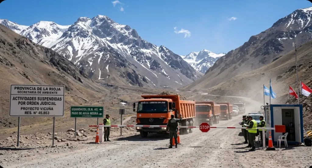 Imagen de Acero y Roca Control policial en el camino de Guandacol hacia el proyecto minero Vicuña. Imagen de Acero y Roca
