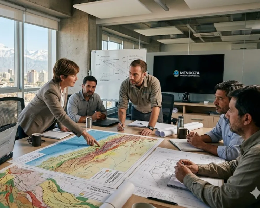 Contenido Original de ACERO Y ROCA - Prohibida su reproducción Ejecutivos y técnicos analizando planos geológicos de la provincia de Mendoza en una oficina técnica. Imagen ilustrativa de Acero y Roca.