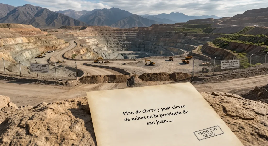 Imagen conceptual tipo collage: mina clausurada y cartel con texto "Plan de cierre y post cierre de minas en la provincia de San Juan. Proyecto de Ley". Fondo de montaña y paisaje minero.