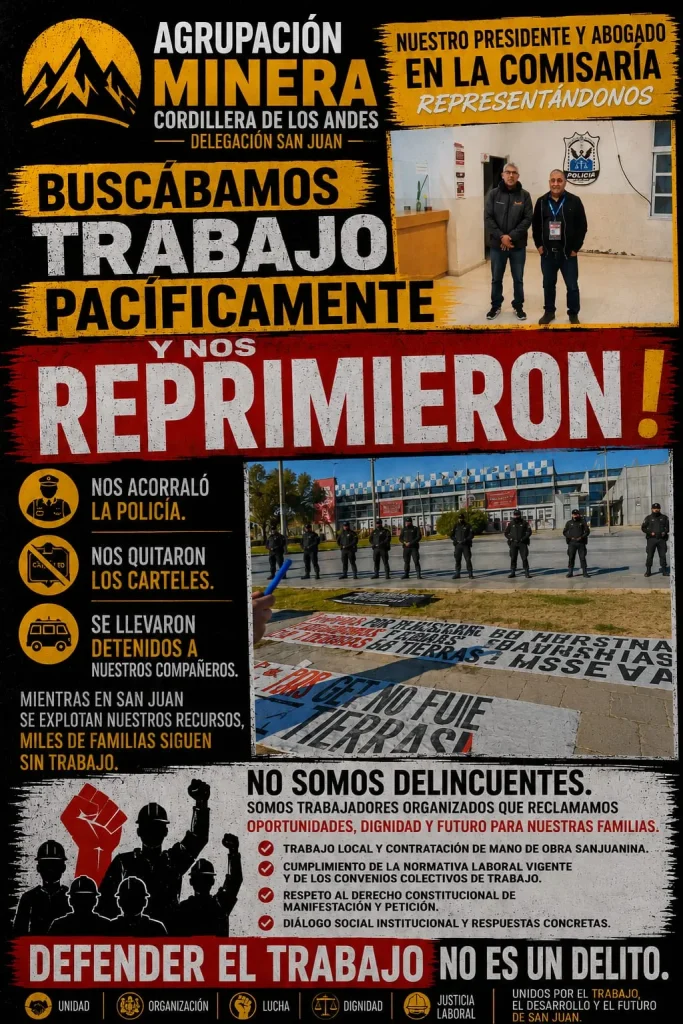 Flyer de la Agrupación Minera Cordillera de los Andes denunciando represión policial.