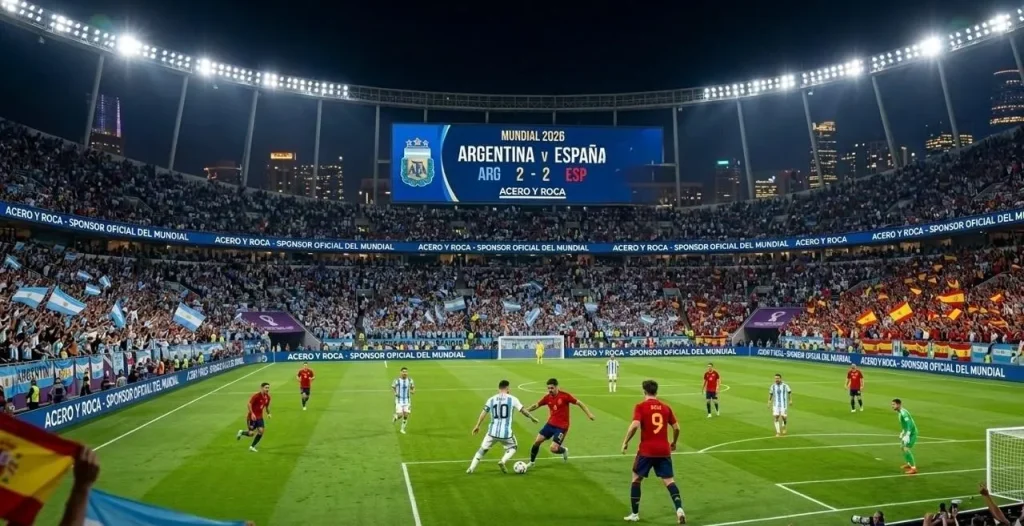 Partido de fútbol del mundial en una cancha llena de gente.