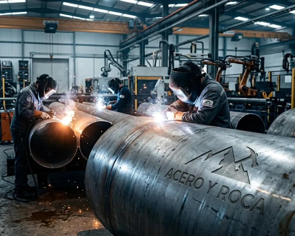 Operarios especializados trabajando en una planta metalúrgica de alta tecnología. Contenido Original de ACERO Y ROCA - Prohibida su reproducción
