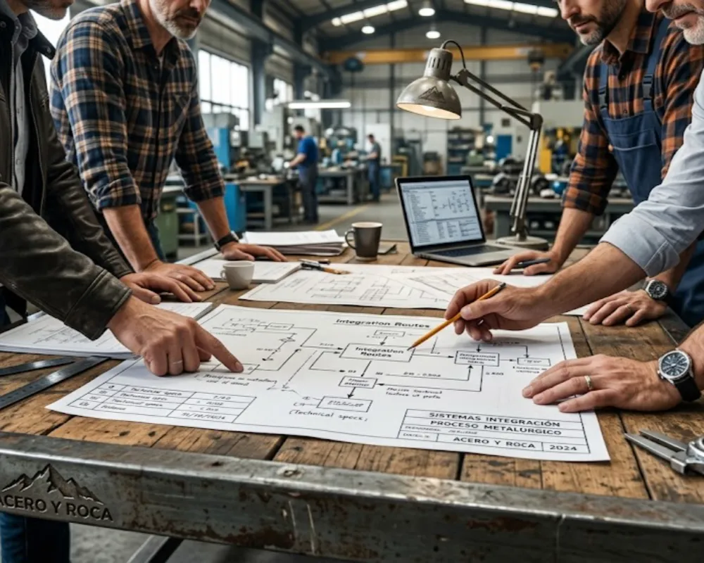 Reunión técnica de empresarios analizando planos de integración industrial. Contenido Original de ACERO Y ROCA - Prohibida su reproducción