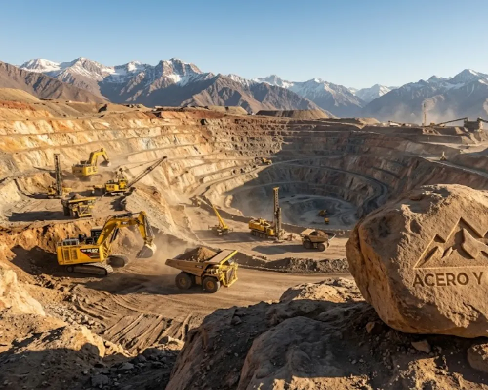 Panorámica de una instalación minera a gran escala en etapa de desarrollo en la cordillera. Contenido Original de ACERO Y ROCA - Prohibida su reproducción