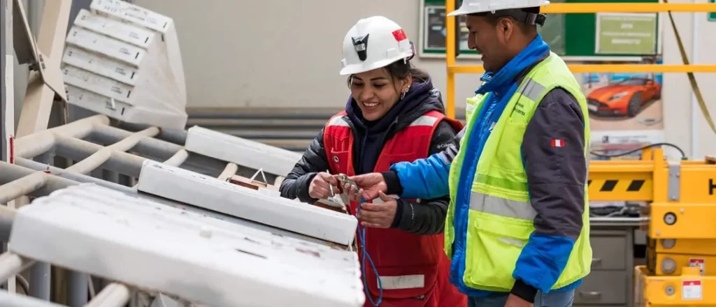 Jóvenes profesionales e ingenieros realizando tareas de inducción técnica en el Yacimiento Cerro Moro de Pan American Silver.