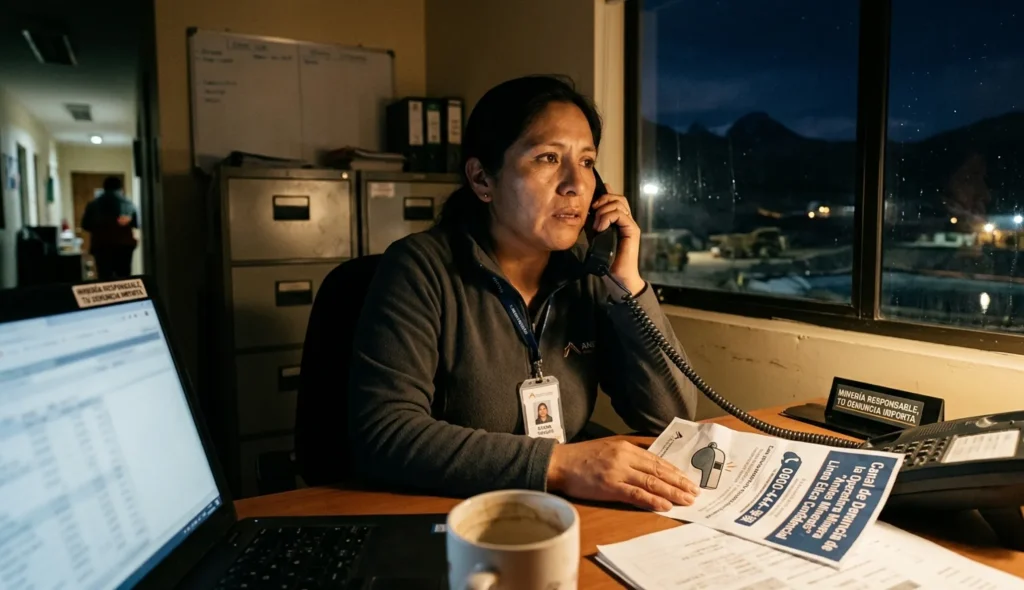 Mujer denunciando un hecho a través del canal confidencial de compliance. Contenido Original de ACERO Y ROCA - Prohibida su reproducción 