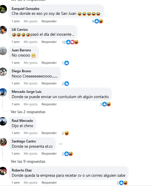 Capturas de pantalla de usuarios sanjuaninos interactuando con escepticismo sobre las promesas de empleo en Vicuña San Juan.