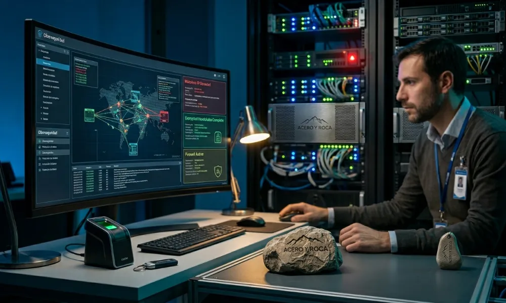 Representación digital de ciberseguridad aplicada a sistemas industriales y mineros.. Contenido Original de ACERO Y ROCA - Prohibida su reproducción