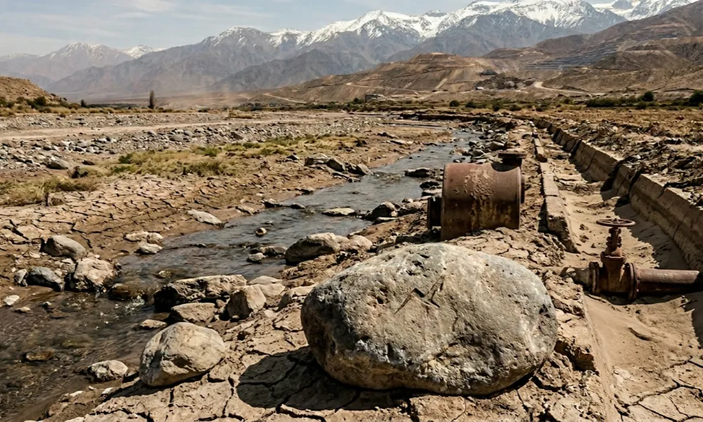 Cauce seco del río San Juan mostrando los efectos de la crisis hídrica prolongada. Contenido Original de ACERO Y ROCA - Prohibida su reproducción

