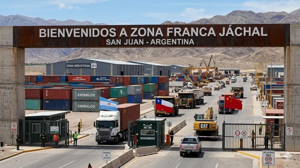 Representación de depósitos y logística en una zona franca minera. Contenido Original de ACERO Y ROCA - Prohibida su reproducción