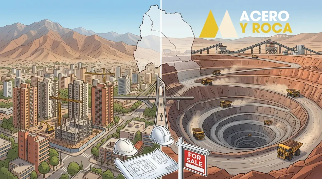 Ilustración conceptual que muestra a la izquierda la ciudad de San Juan con edificios residenciales y grúas de construcción, a la derecha una mina a cielo abierto con camiones, y en el centro un puente que conecta ambas escenas. Contenido Original de ACERO Y ROCA - Prohibida su reproducción