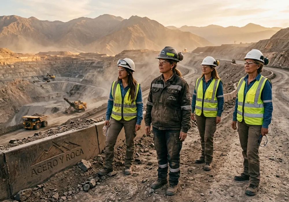 Mujeres mineras en una faena. Contenido Original de ACERO Y ROCA - Prohibida su reproducción