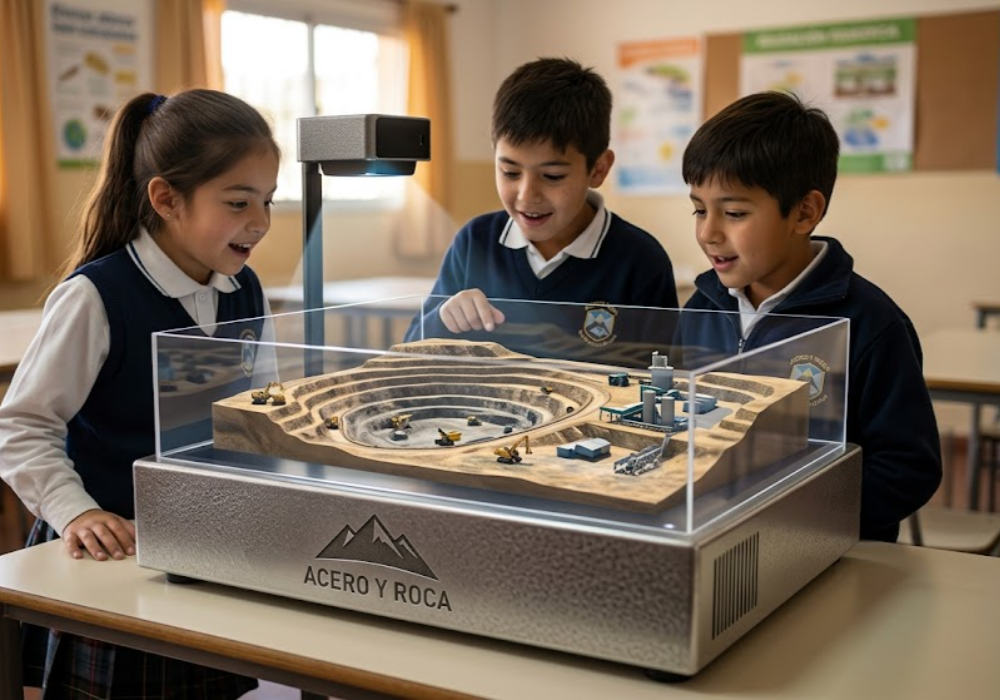 Estudiantes de cuarto grado interactuando con una maqueta virtual de un yacimiento minero mediante Realidad Aumentada en el aula. Contenido Original de ACERO Y ROCA - Prohibida su reproducción