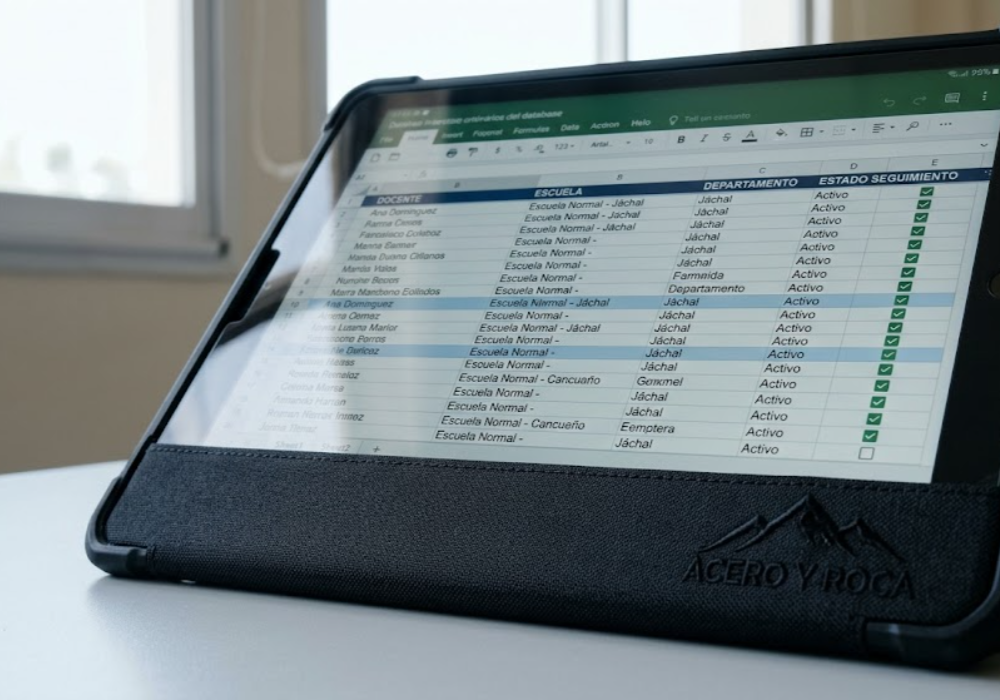 Primer plano de una pantalla de tablet exhibiendo una base de datos digital para el seguimiento del impacto docente en San Juan. Contenido Original de ACERO Y ROCA - Prohibida su reproducción