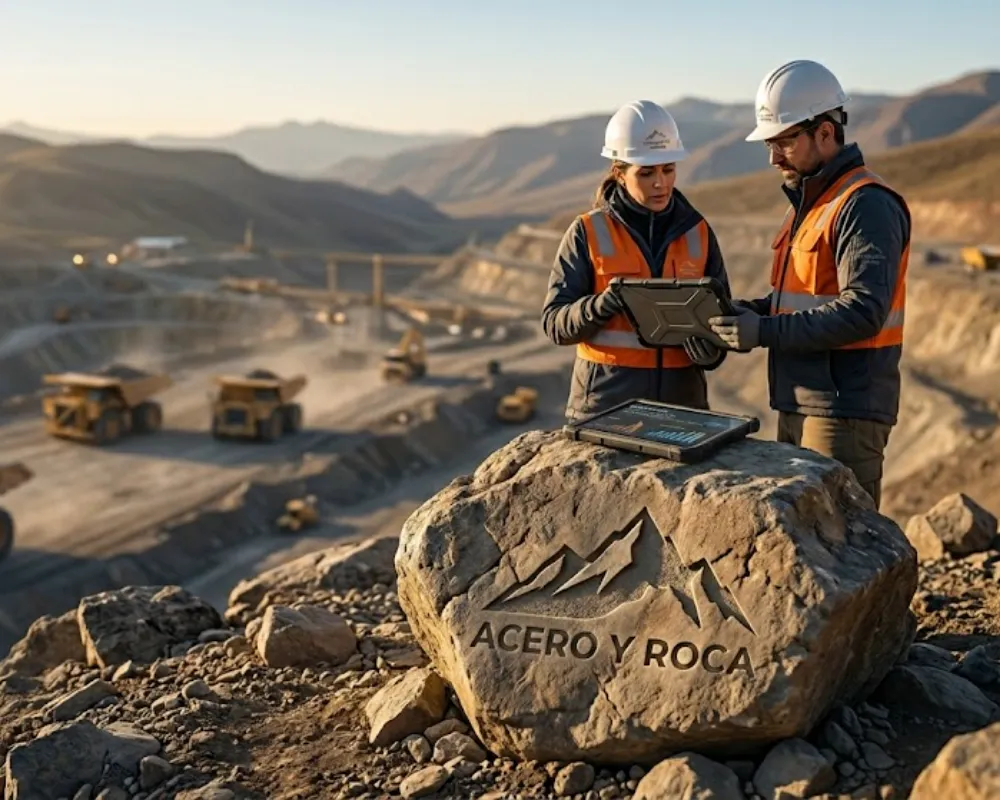 Ingenieros de 1st Quartile Mining revisando proyecciones de un proyecto minero greenfield en la cordillera, integrando datos de IA de Anthropic en una tableta rugerizada. Contenido Original de ACERO Y ROCA - Prohibida su reproducción