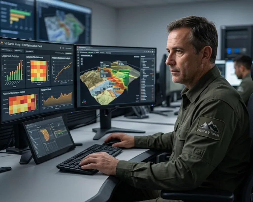 Un analista estratégico de 1st Quartile Mining sentado en una oficina de control ergonómica, enfocado en múltiples pantallas con dashboards avanzados de IA para optimización de KPIs. Contenido Original de ACERO Y ROCA - Prohibida su reproducción