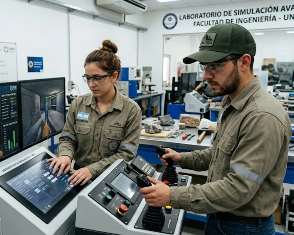 Dos estudiantes de ingeniería en minas, una mujer de Argentina y un hombre de Chile, en un laboratorio moderno de la Universidad Nacional de San Juan. Contenido Original de ACERO Y ROCA - Prohibida su reproducción