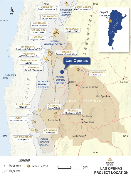 Mapa geológico del cinturón aurífero El Indio destacando la ubicación del proyecto Las Opeñas en San Juan.